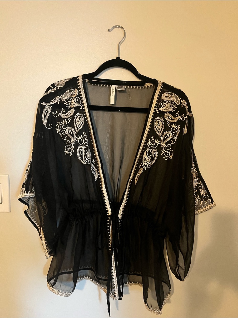 Ark & Co Black Sheer Embroidered Tie-Front Tunic